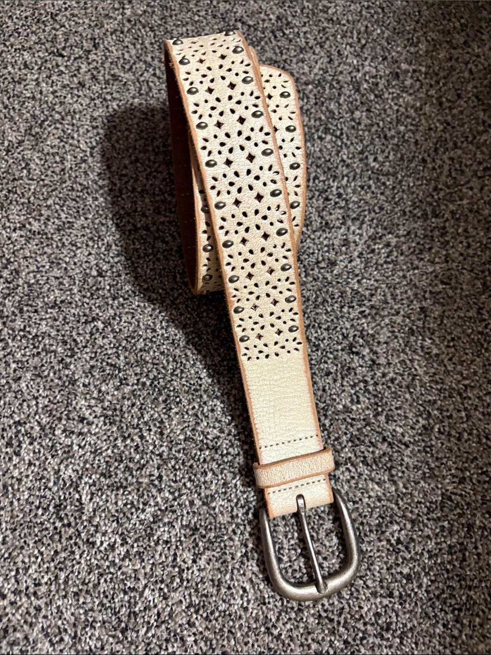Fossil Beige Perforated Leather Belt with Stud Accents